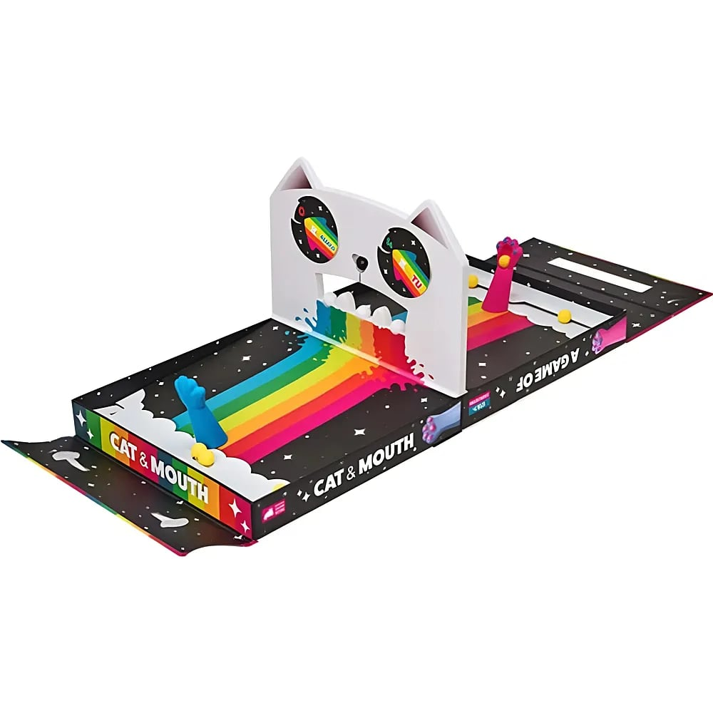 Gioco da tavolo Cat & Mouth con faccia di gatto bianco, pista arcobaleno e piccole palline gialle.