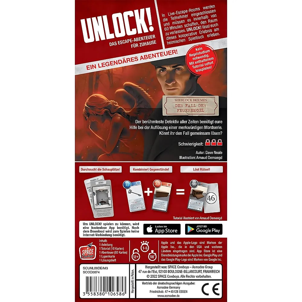 Rückseite der Brettspielverpackung von UNLOCK! Sherlock Holmes mit Spielinformationen, Kartenbeispielen und Texten.