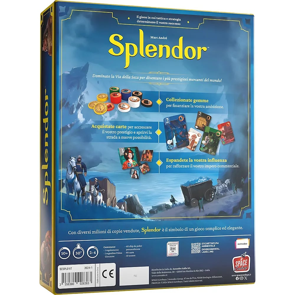 Rückseite der blauen Splendor Brettspielbox mit Spielkomponenten und italienischer Beschreibung.