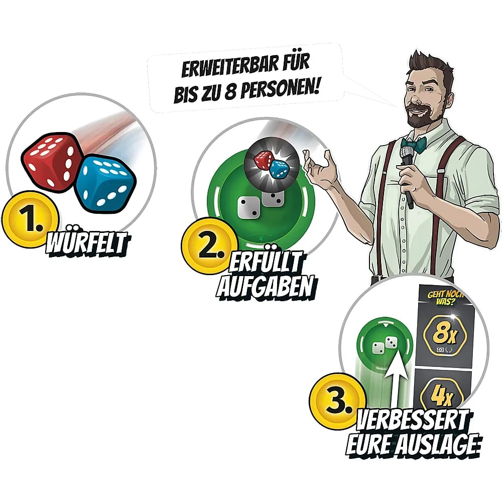 Eine Spielanleitung mit drei Schritten, die Würfel, Aufgaben und das Verbessern der Auslage zeigt.