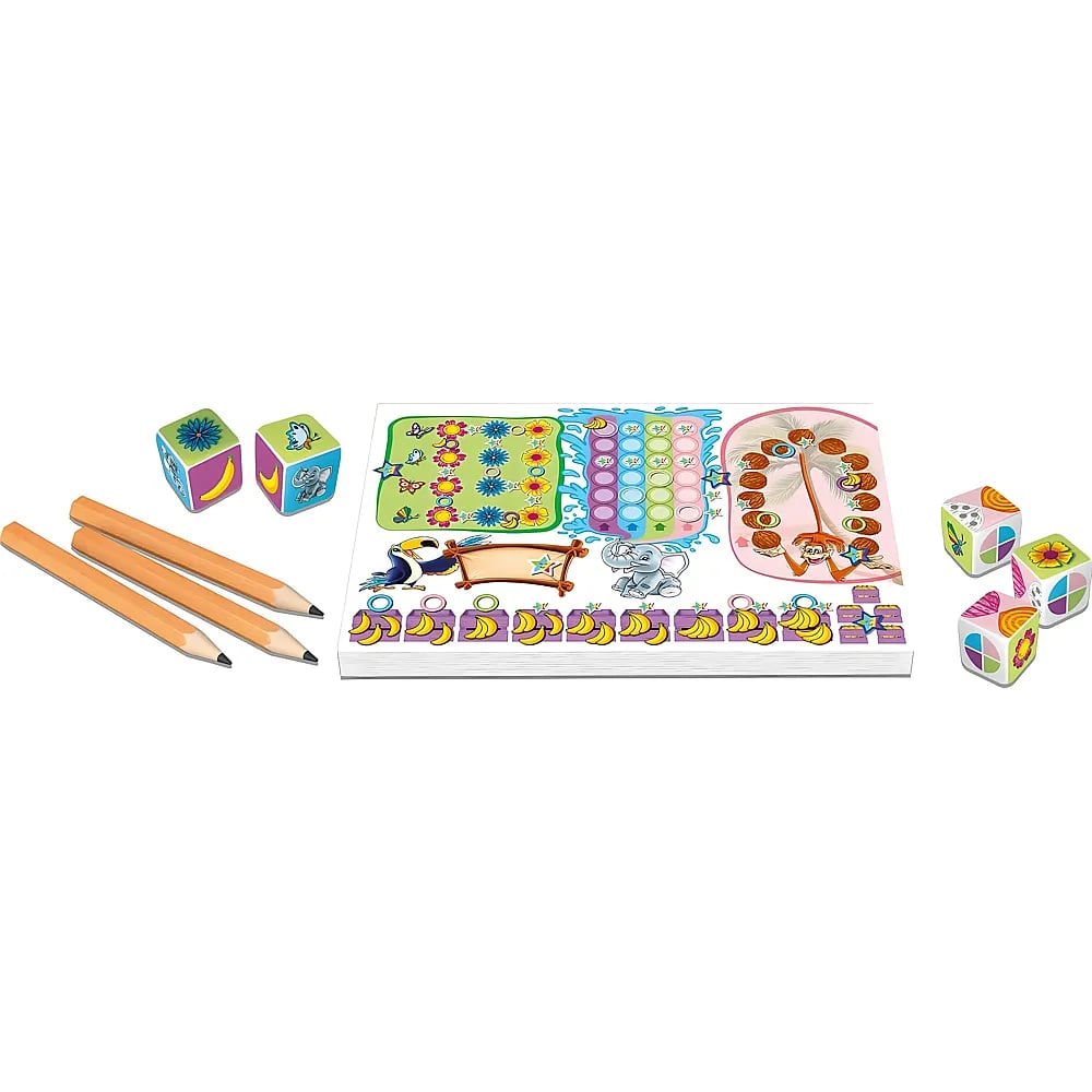 Un jeu pour enfants avec des dés colorés, trois crayons et un bloc-notes avec des motifs d'animaux et de fruits.