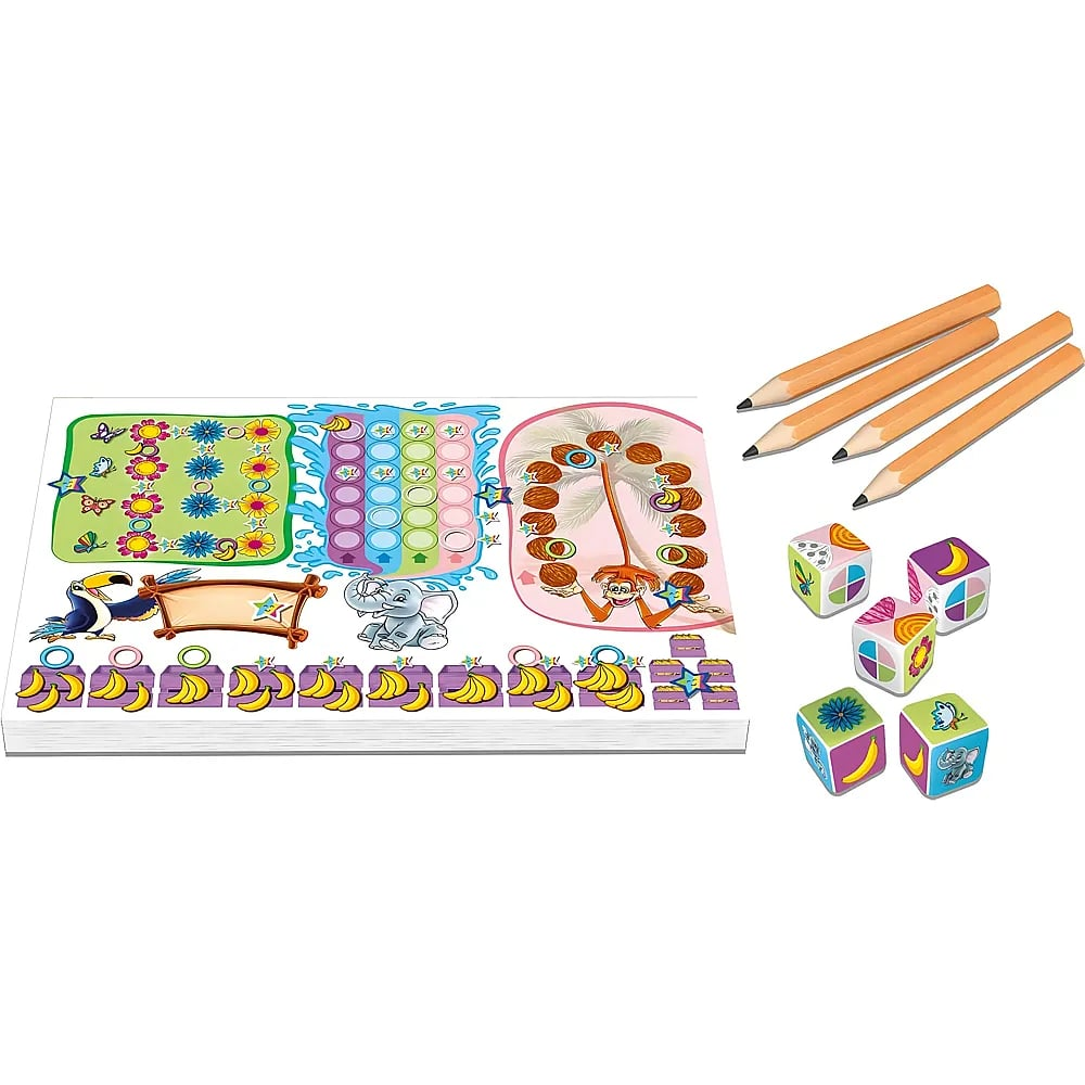 Un jeu pour enfants avec un bloc coloré, quatre crayons et cinq dés de symboles sur fond blanc.