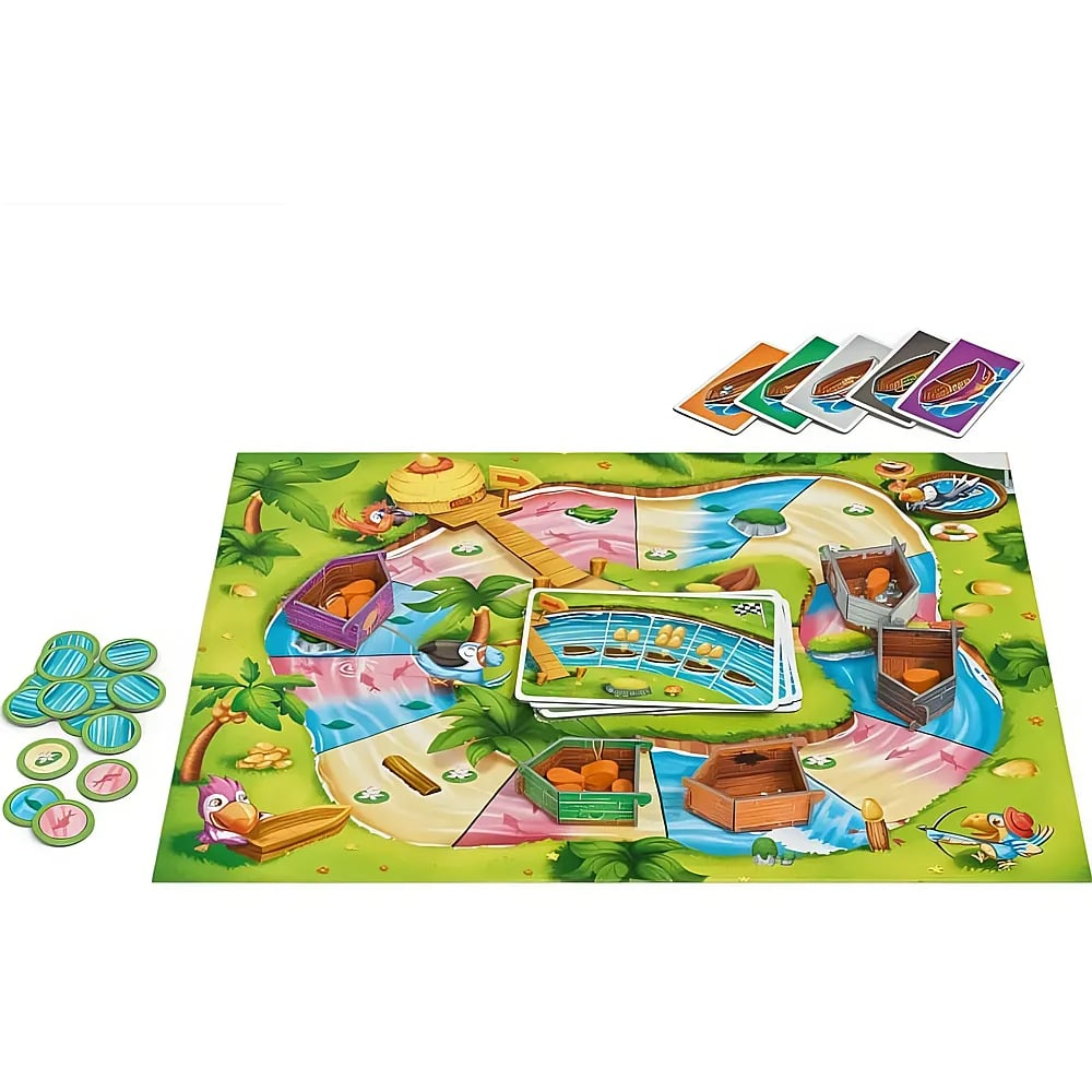 Bunt gestaltetes Kinderbrettspiel mit farbigen Karten, Holzsäckchen und Spielfiguren auf einer tropischen Insel.