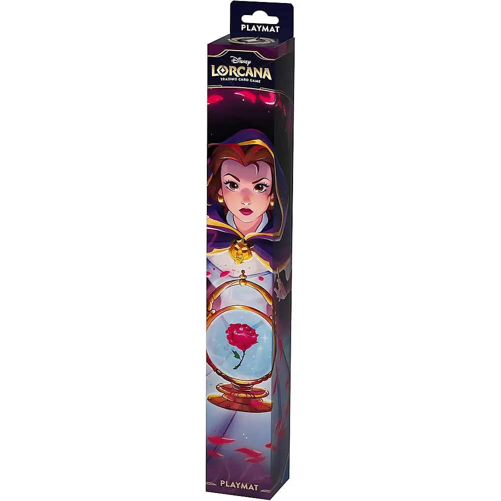 Lorcana TCG Spielmatte Verpackung mit Belle und verzauberter Rose.