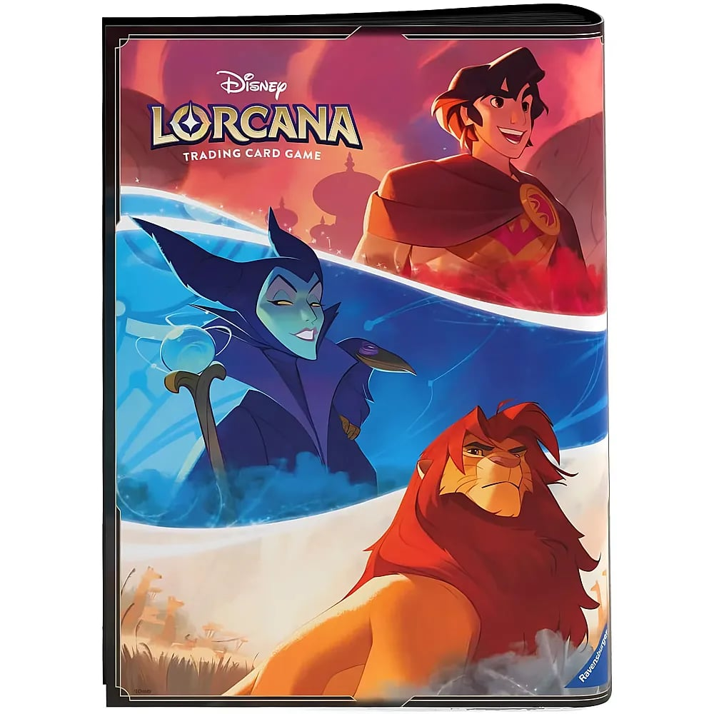 Disney Lorcana Sammelkarten-Mappe mit Aladdin, Malefiz und Simba auf dem Cover.