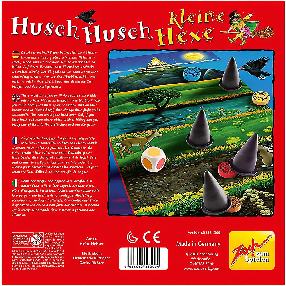 Rückseite der Spielschachtel von Husch Husch kleine Hexe mit Regeln, Illustrationen und Hexenhüte-Figuren.