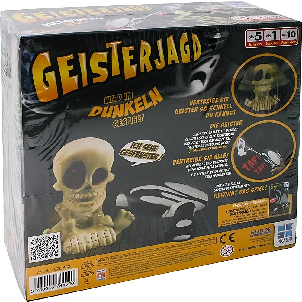 Verpackung des Geisterjagd-Spiels mit Totenkopf-Projektor und Pistole auf schwarzem Hintergrund.