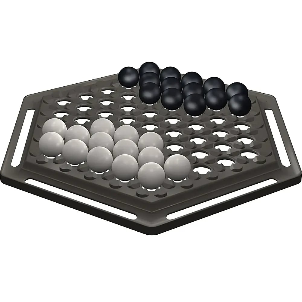 Ein hexagonales graues Spielbrett mit weißen und schwarzen Kugeln auf den Vertiefungen.