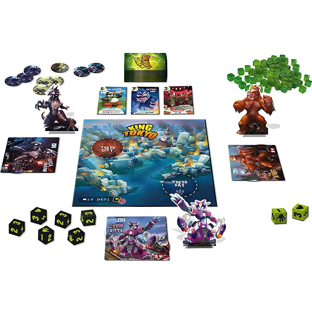 Jeu de plateau King of Tokyo avec plateau, figurines, cartes, dés et cubes d'énergie verts.