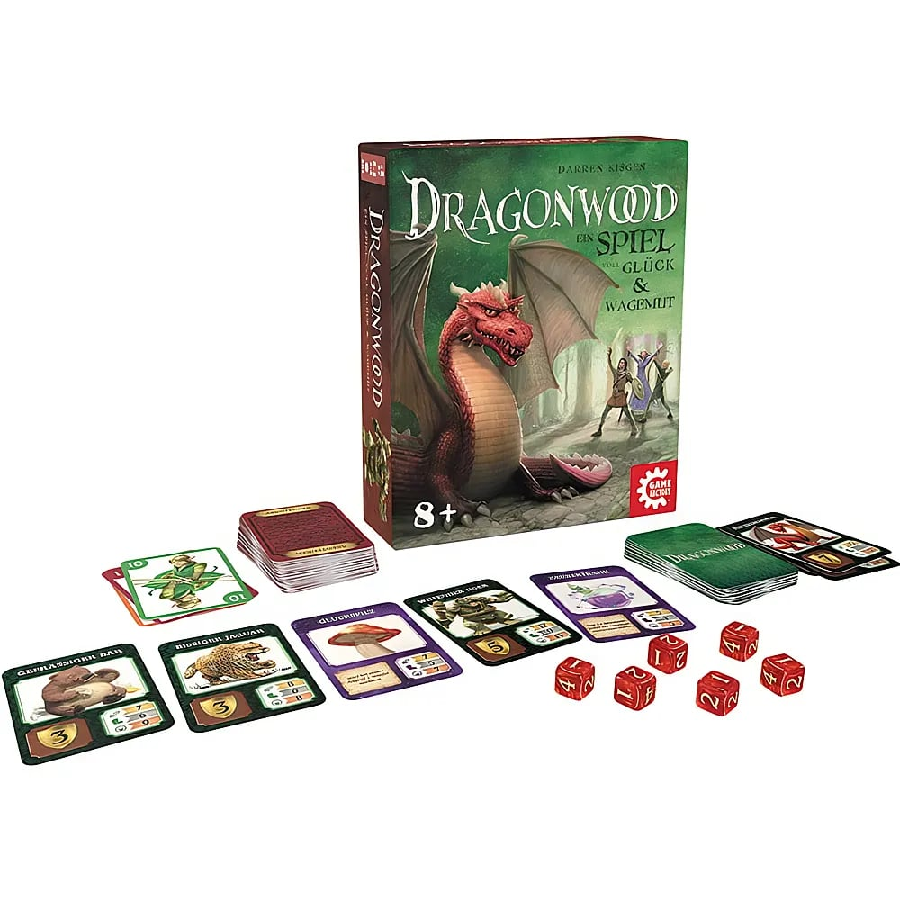 Boîte de jeu de société Dragonwood avec des jeux de cartes, des cartes de créatures et des dés rouges.