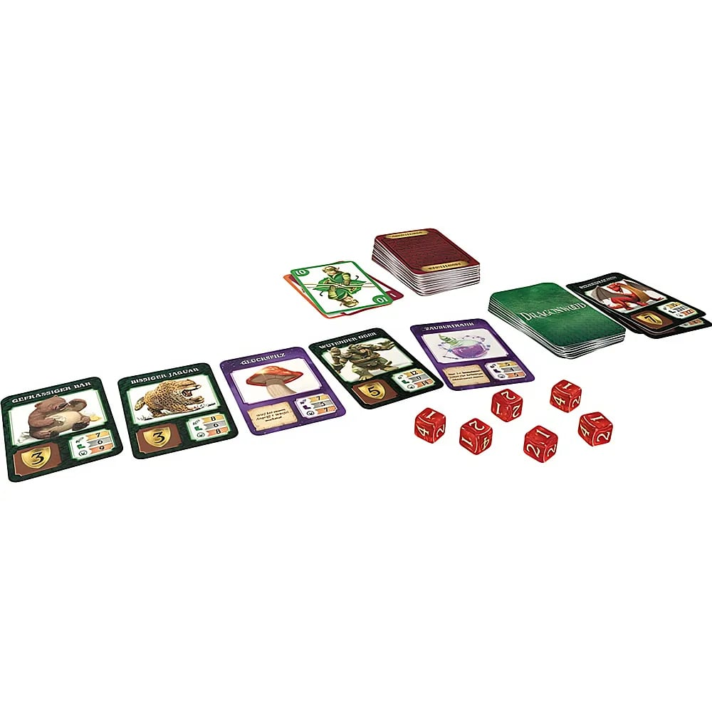 Un jeu de plateau avec des cartes et six dés rouges.