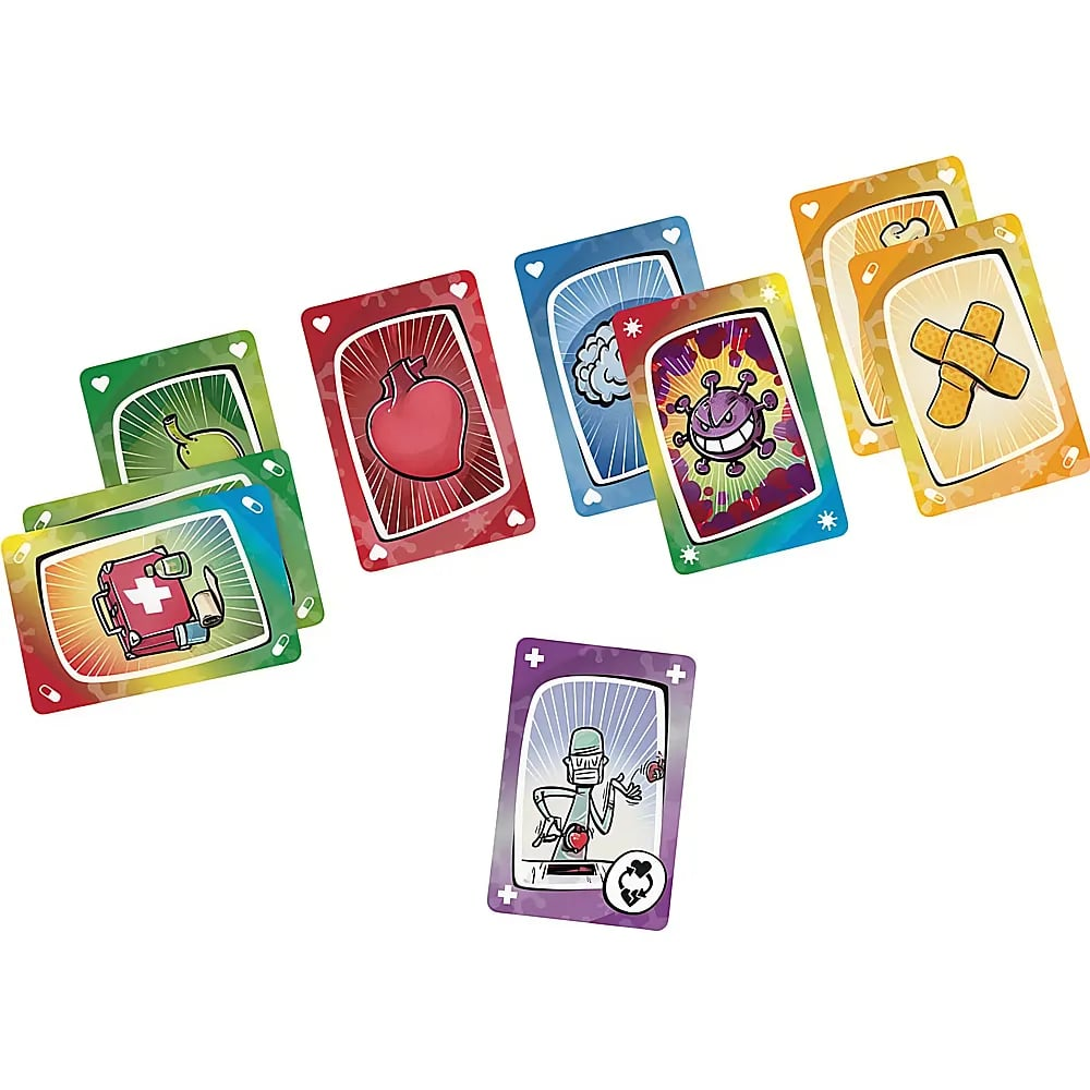 Colorate carte da gioco a tema medico che mostrano organi, virus, kit di pronto soccorso e bende.