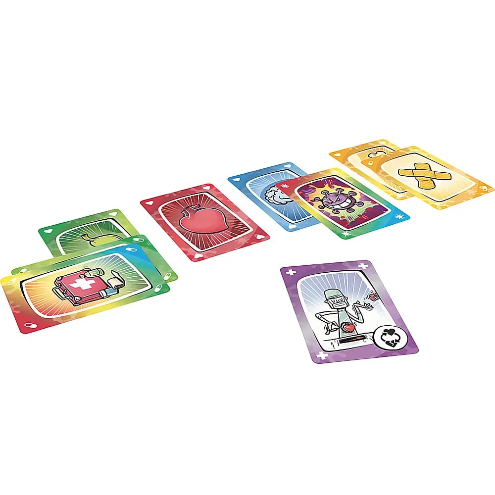 Carte da gioco colorate con illustrazioni mediche e di virus su sfondo bianco.