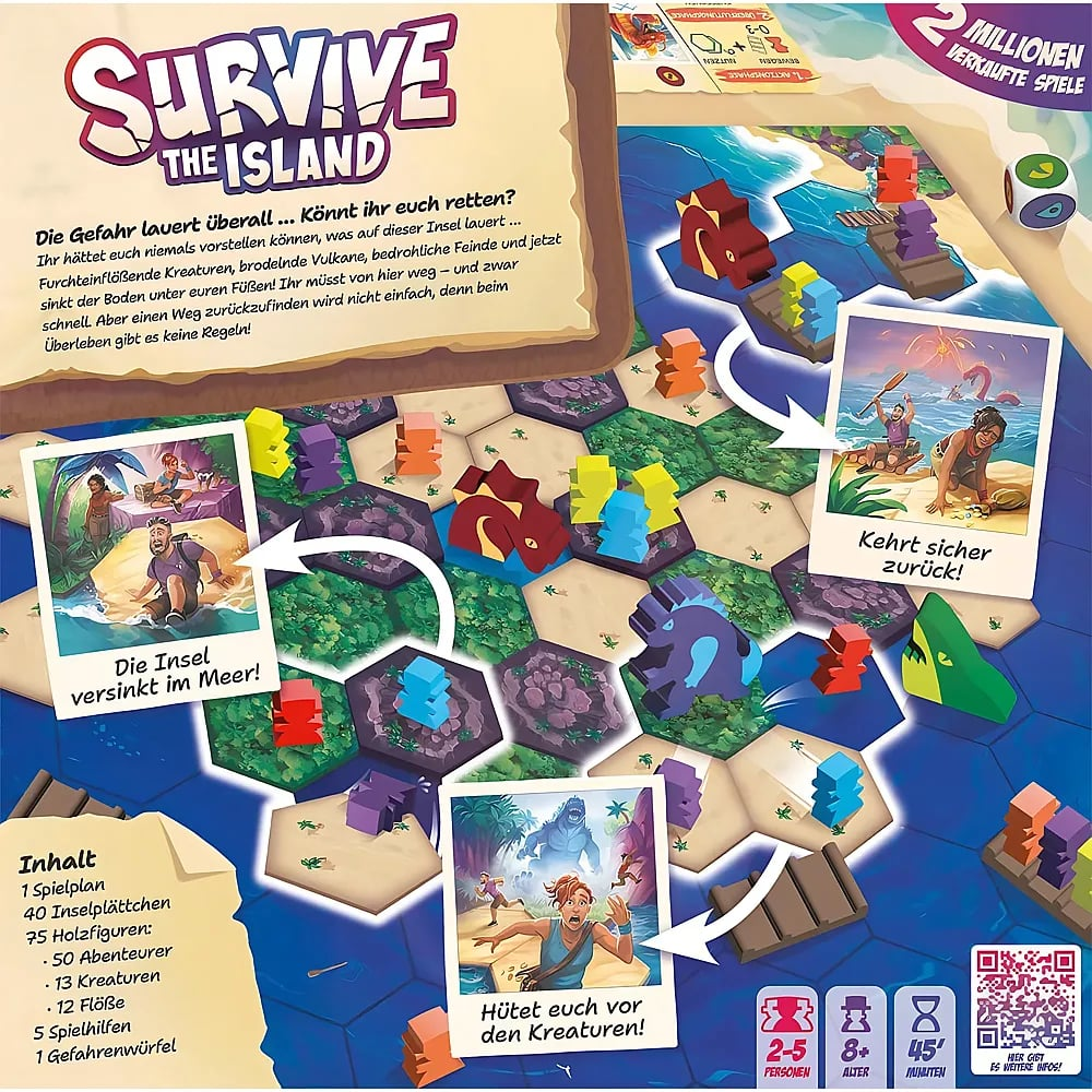 Das Brettspiel Survive The Island mit hexagonalen Feldern, bunten Spielfiguren und illustrierten Spielkarten.