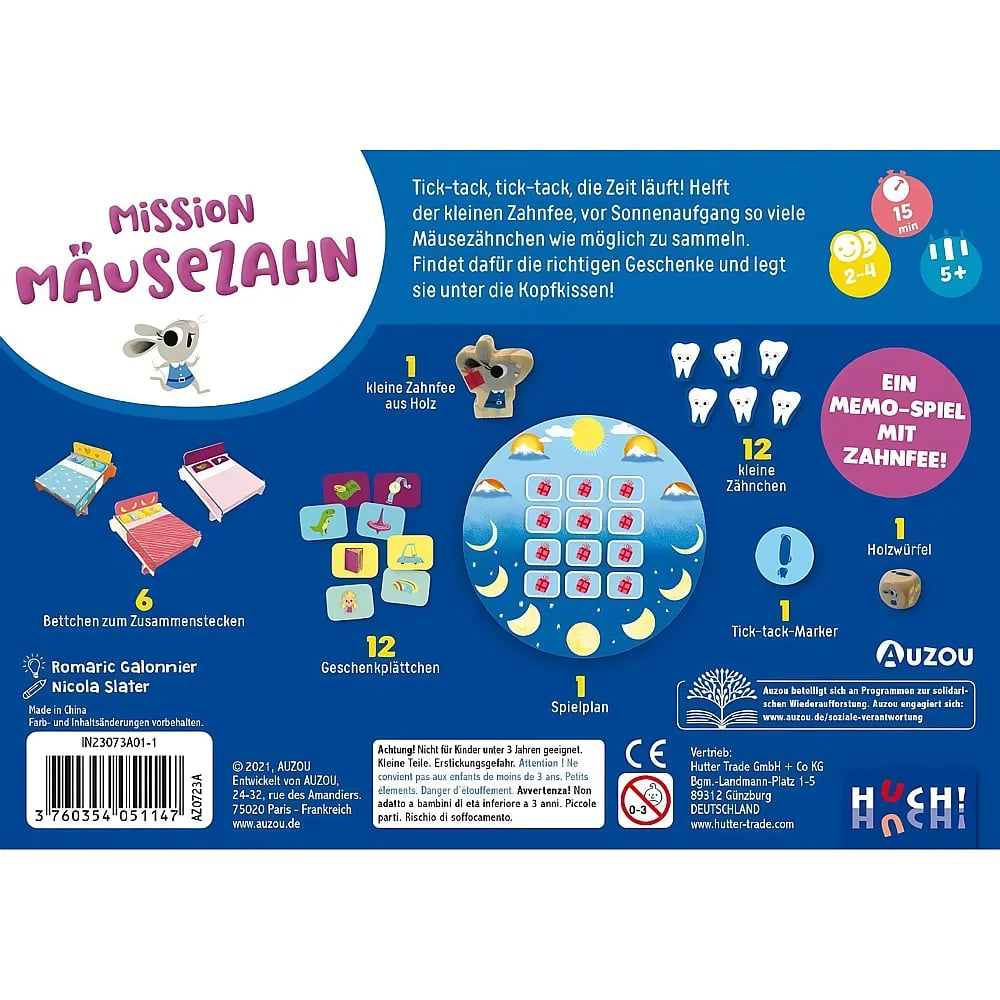Dos de la boîte de jeu de société Mission Mouse Tooth avec pièces et instructions.