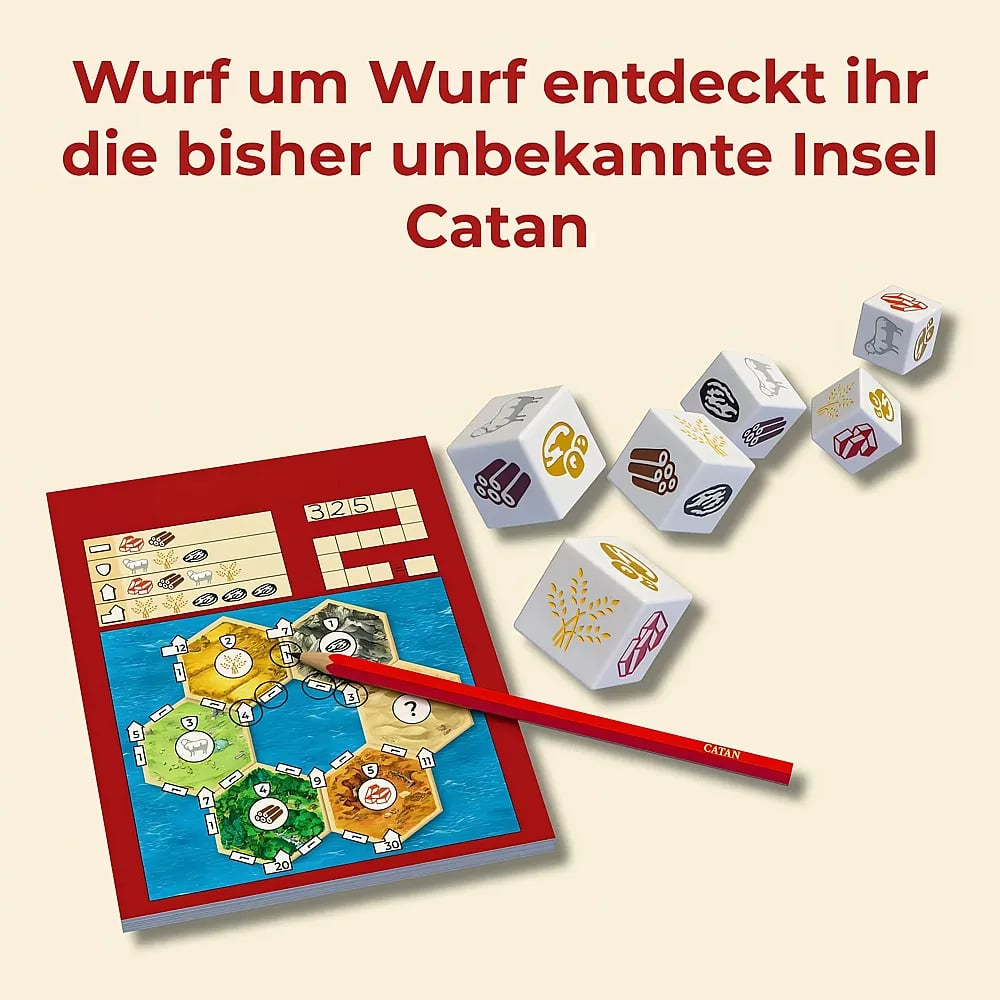 Ein Catan-Block mit Würfeln, Stift und deutscher Aufschrift.