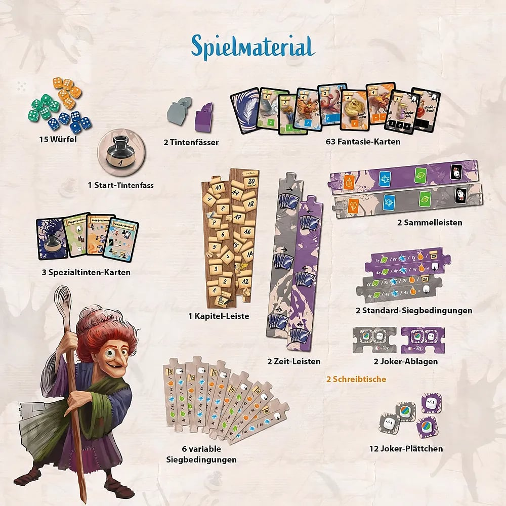 Composants de jeu de société avec dés, cartes, pistes et l'illustration d'une vieille femme.