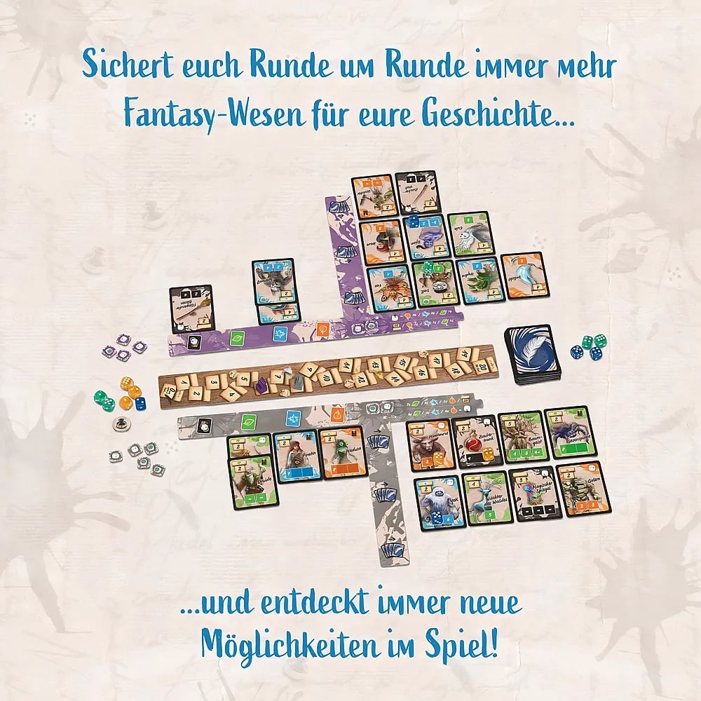 Jeu de plateau avec cartes, dés et piste de score, entouré de texte en allemand.