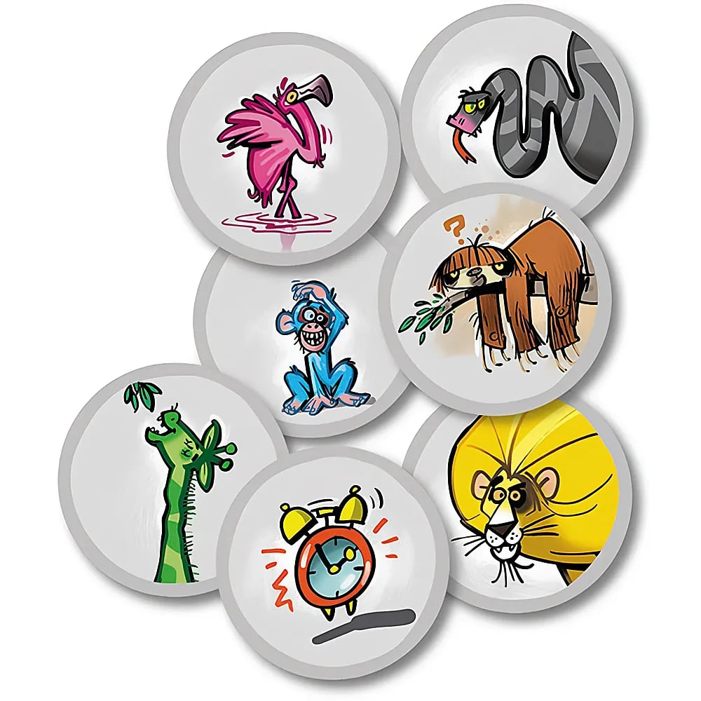Verschiedene runde Plättchen mit bunten Cartoon-Tieren wie Flamingo, Affe, Schlange, Faultier, Giraffe, Löwe und einem Wecker.