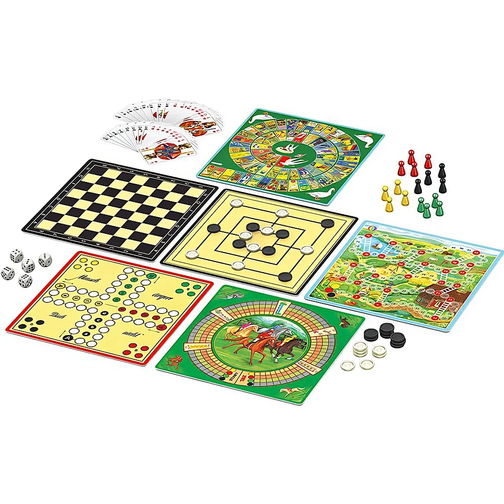 Una collezione di giochi da tavolo colorati, carte, dadi e pedine su sfondo bianco.