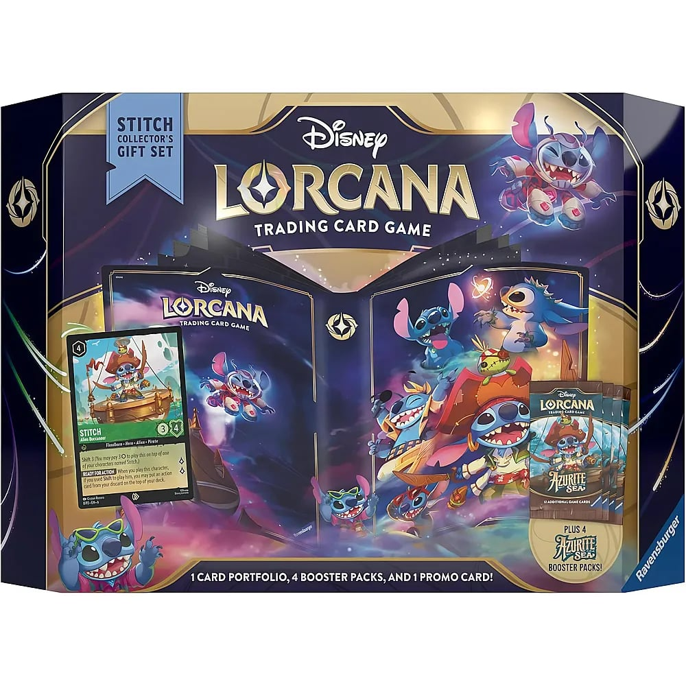 Coffret cadeau Disney Lorcana Stitch avec porte-cartes, boosters et carte promo.