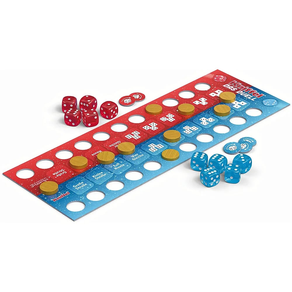 Ein Kniffel-Duell-Spielbrett mit roten und blauen Würfeln und goldenen Plättchen.