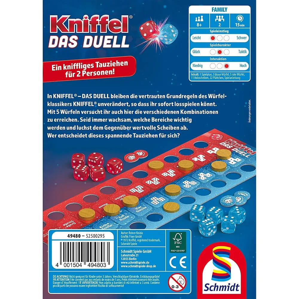 Rückseite der Kniffel Das Duell Brettspielbox mit Spielteilen, roten und blauen Würfeln auf blauem Hintergrund.
