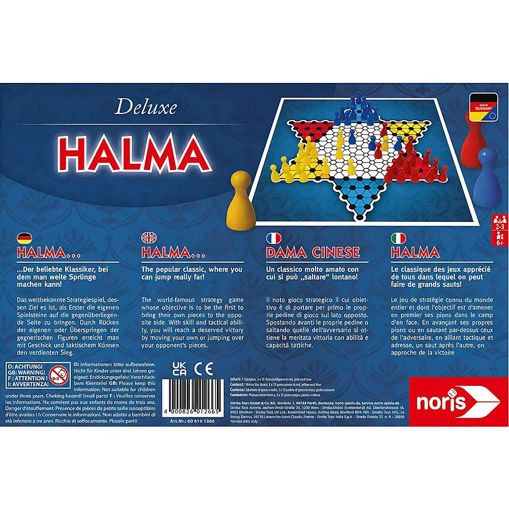 Verpackung des Brettspiels Deluxe Halma mit bunten Spielsteinen und mehrsprachigen Anleitungen.