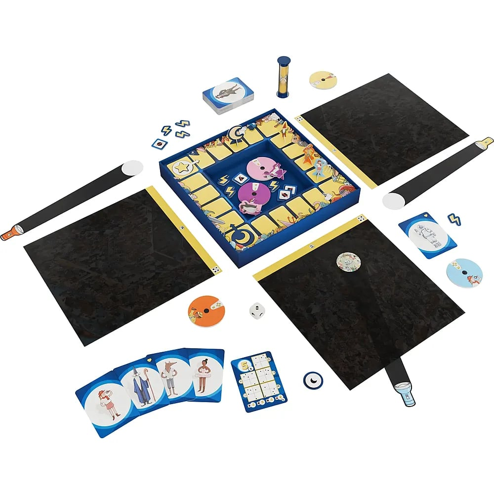Ein Brettspiel mit Karten, Spielfeldern, dunklen Folien und Taschenlampen auf weißem Hintergrund.