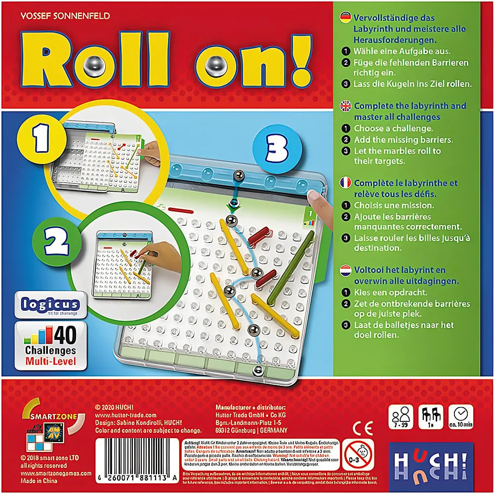 Emballage du jeu de puzzle Roll on! avec trois étapes pour le résoudre et des bâtons rouges, jaunes et verts.
