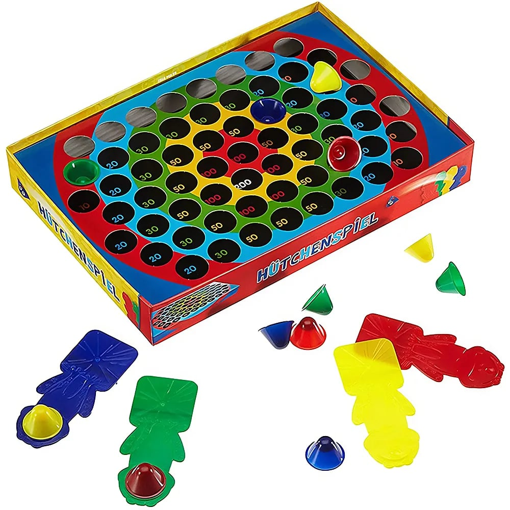 Ein Brettspiel namens Hütchenspiel mit buntem Punkterand, Plastikhütchen und Katapulten.