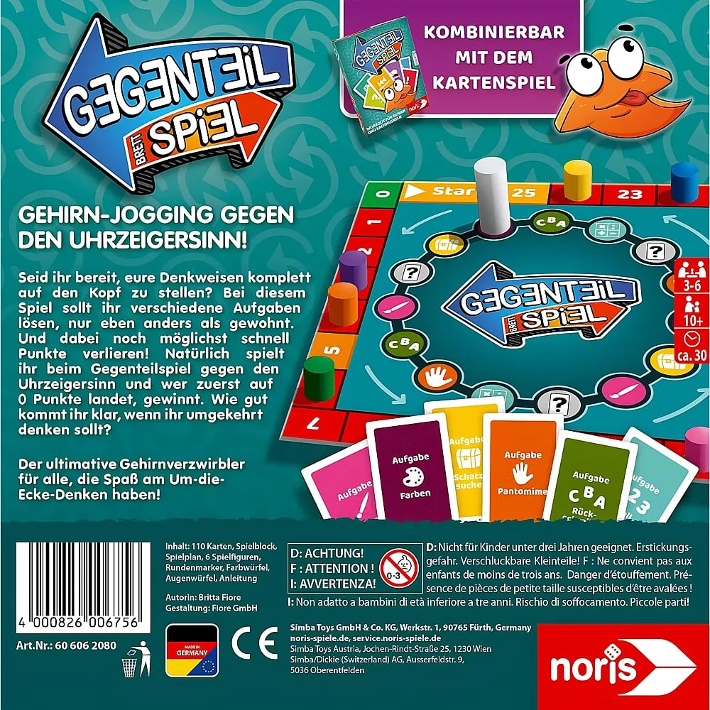 Eine bunte deutsche Brettspielverpackung mit grünem Spielfeld, Spielfiguren, Aufgabenkarten und Regeln.