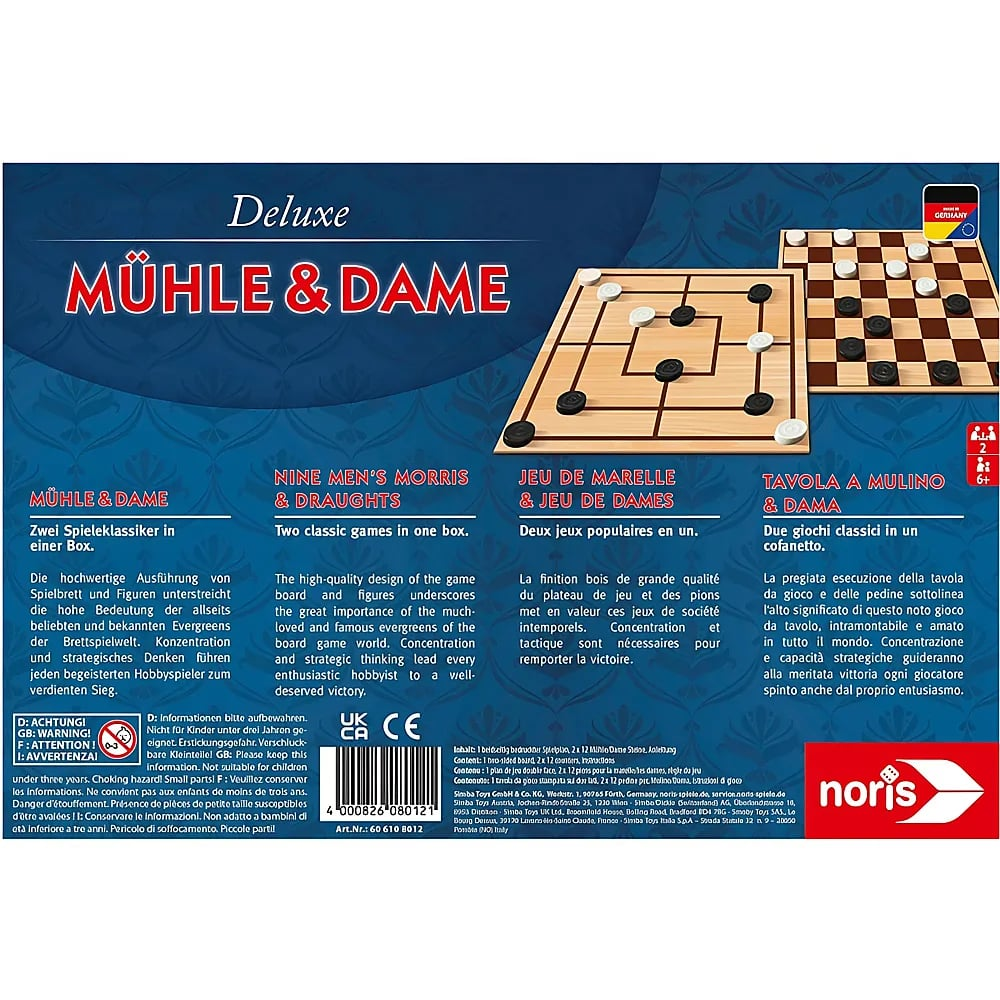 Verpackung der Brettspiel-Kombination Mühle und Dame mit Holzschnitt-Grafiken und Texten in mehreren Sprachen.
