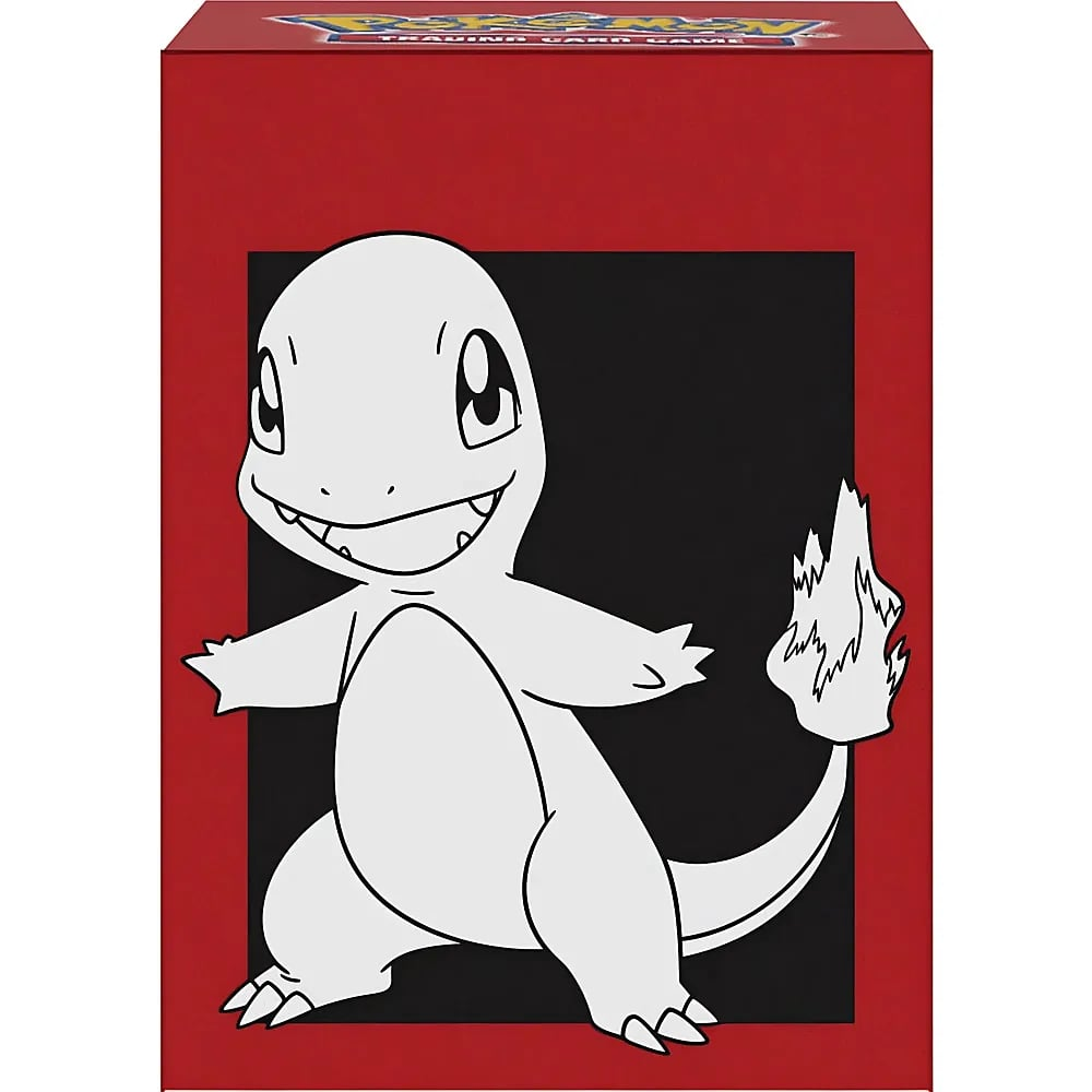 Eine rote Pokemon Sammelkartenspiel Box mit einem weissen Charmander Charakter mit Flammenschwanz.