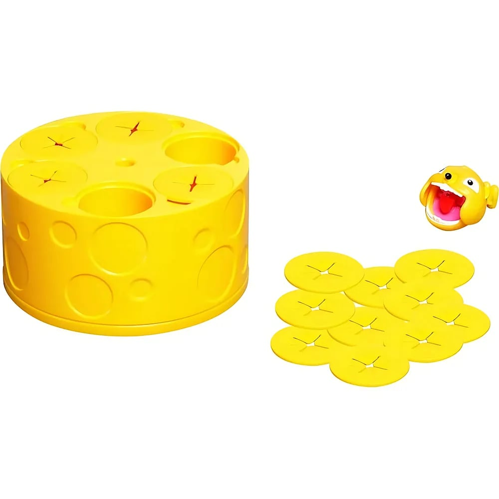 Jouet de fromage jaune avec des trous, des disques jaunes ronds et une petite souris jaune.