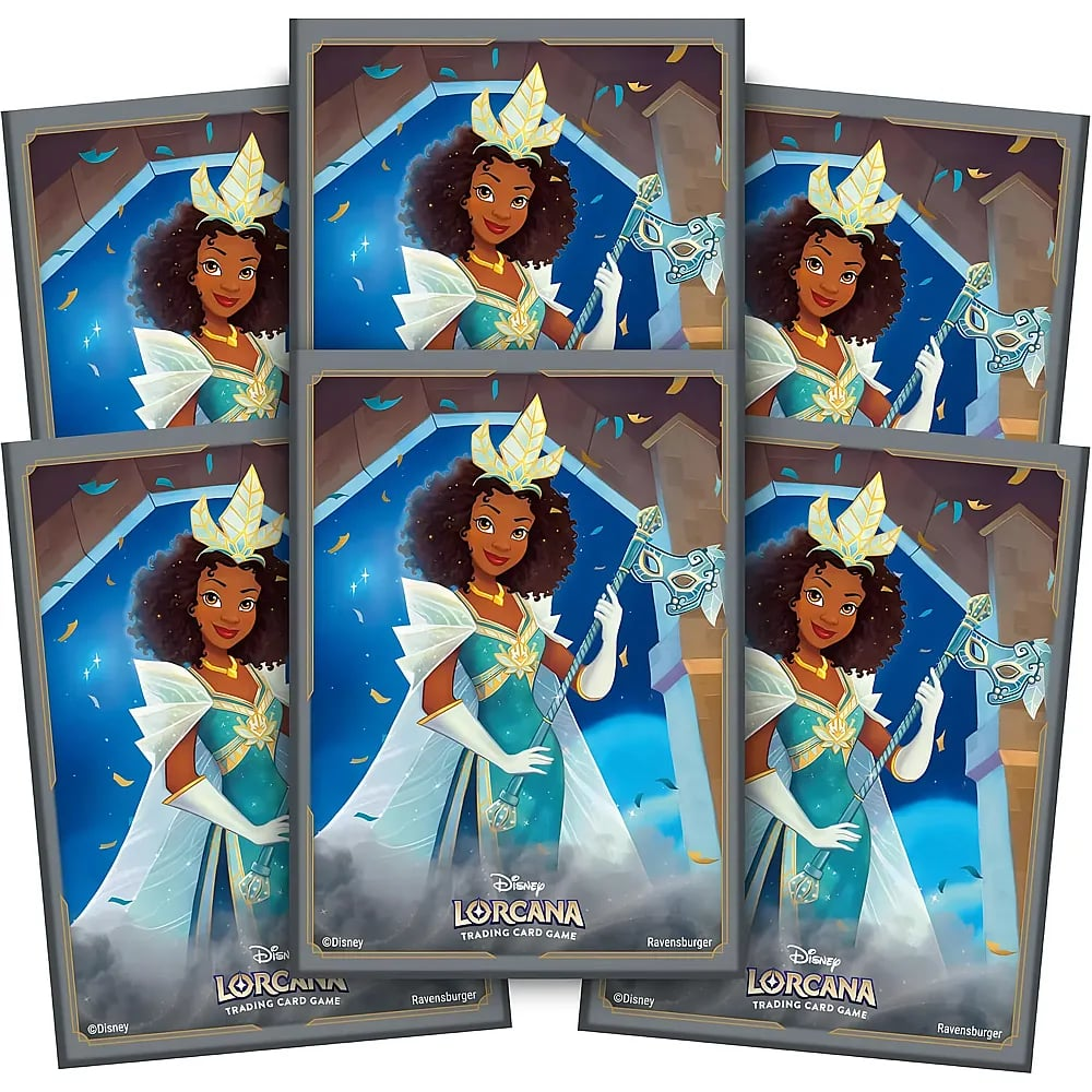 Mehrere Ravensburger Disney Lorcana Kartenhüllen mit Tiana im blauen Kleid und Krone.