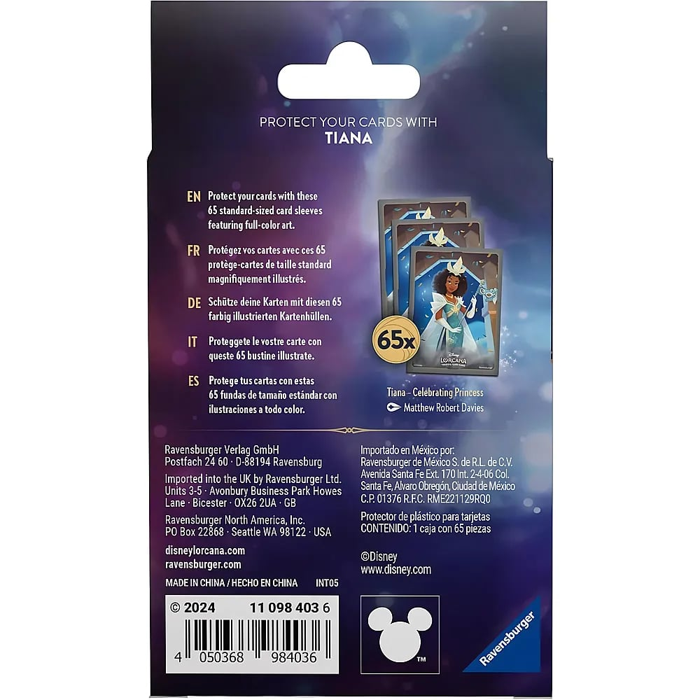 Rückseite der Disney Lorcana Kartenhüllen-Verpackung mit Tiana, mehrsprachigen Produktdetails und einem Barcode.