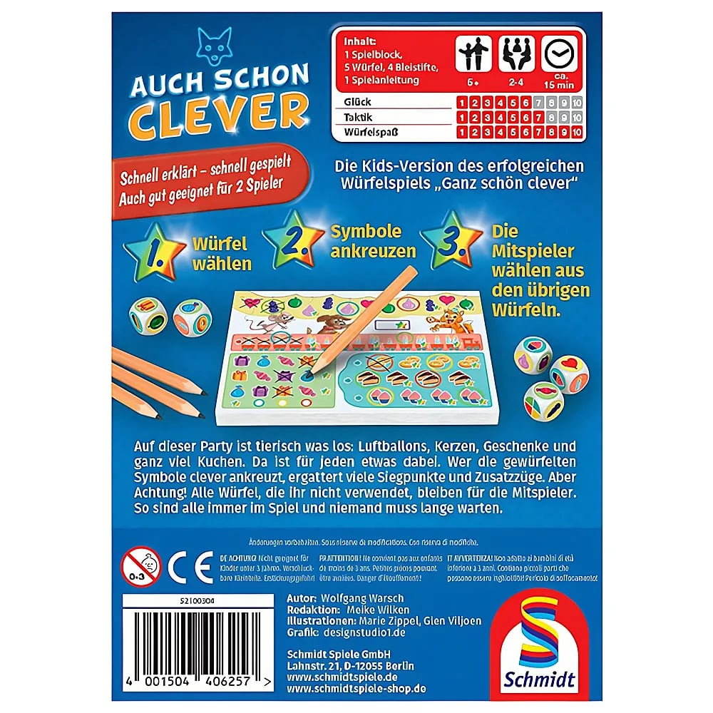Rückseite der Schachtel des Brettspiels Auch schon clever mit Würfeln, Block und Stiften.