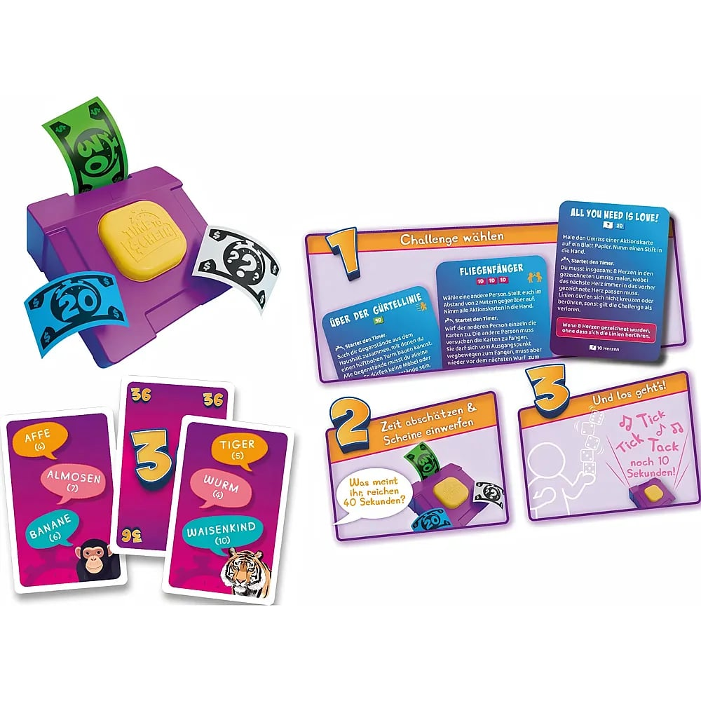 Ein Brettspielset mit violettem Timer, Spielkarten mit deutschen Texten und bunten Aufgabenkarten auf weißem Grund.