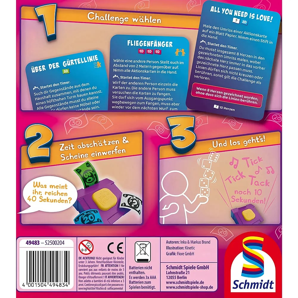 Spielregeln-Rückseite mit drei Schritten, Aktionskarten in blau, pink und türkis sowie Spielteilen auf pinkem Hintergrund.