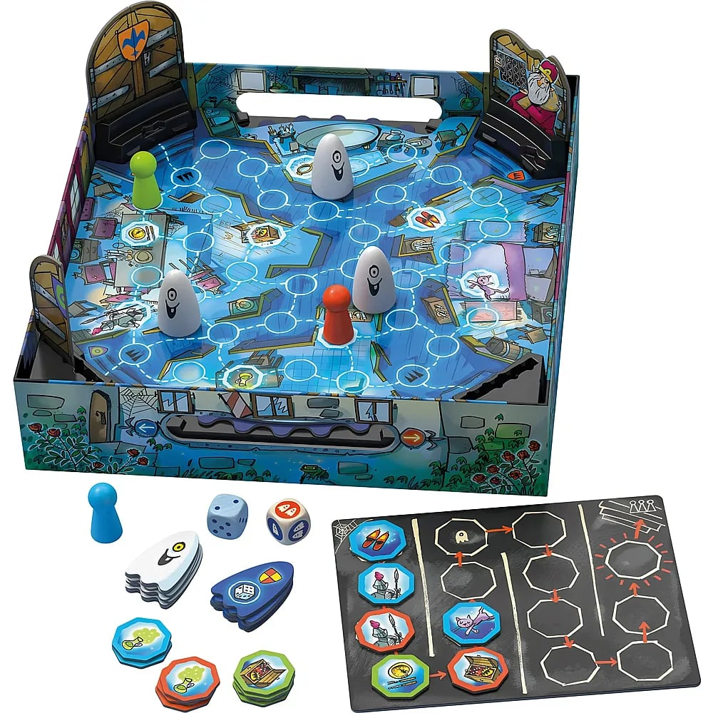 Ein Kinderspiel mit blauem Spielbrett, Spielfiguren, kleinen Geistern, Würfeln und hexagonalen Plättchen.