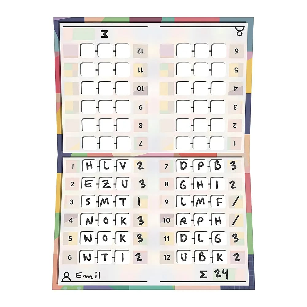 Ein buntes Dokument mit handgeschriebenen Buchstaben, Zahlen und geometrischen Symbolen in Tabellenform.