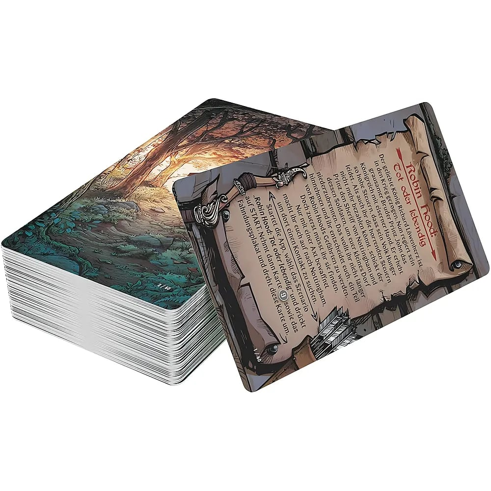 Mazzo di carte con retro illustrato e carta di testo.