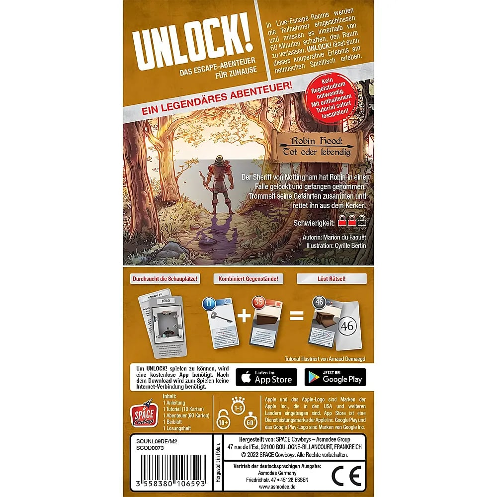 Retro della scatola del gioco Unlock! Robin Hood, con informazioni, carte e istruzioni in tedesco.
