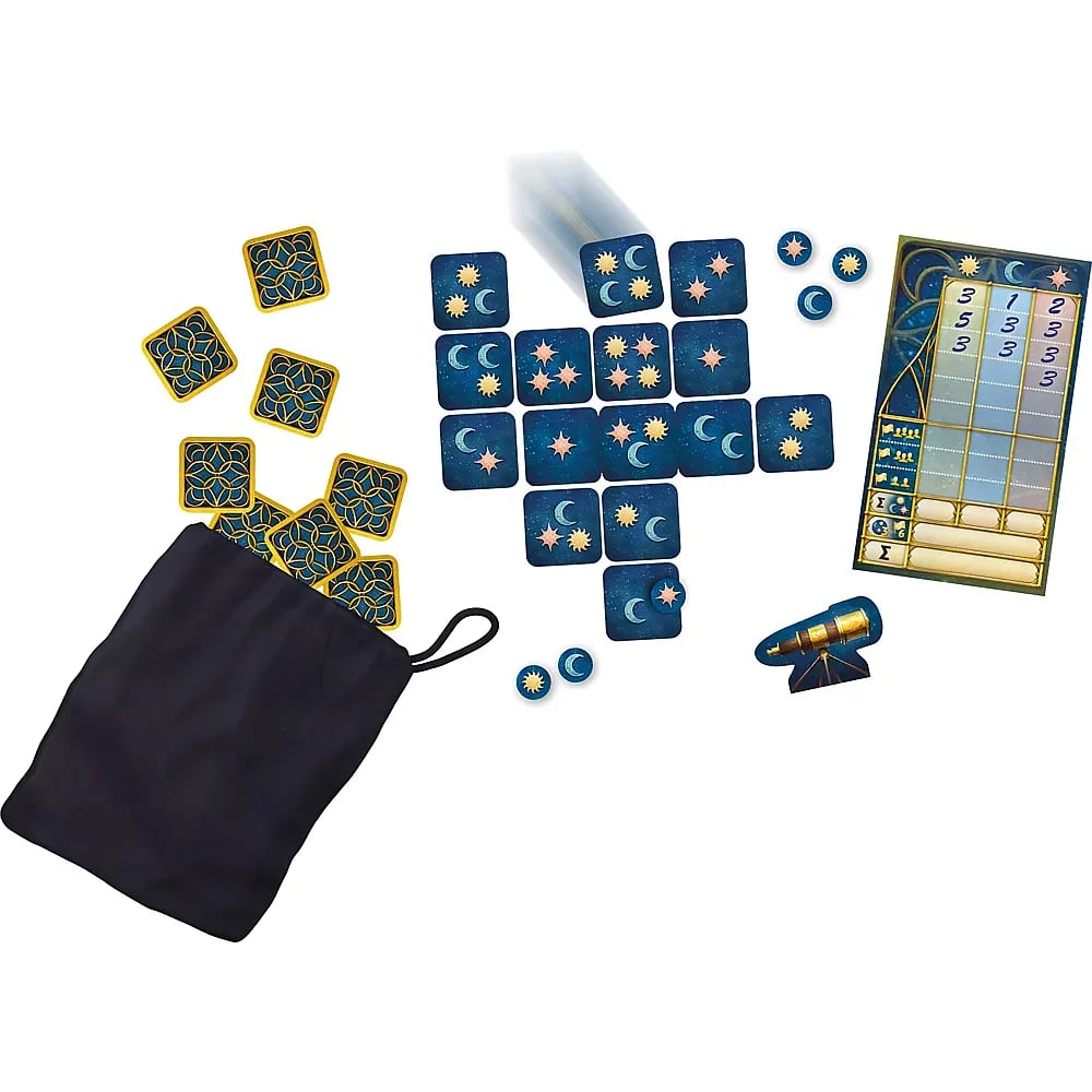 Ein Brettspielset mit blauen Weltraum-Plättchen, einem Beutel, Spielsteinen, einem Teleskop-Marker und einer Anzeigetafel.