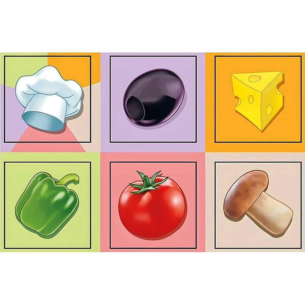 Six carrés colorés montrent une toque, une olive noire, du fromage, un poivron, une tomate et un champignon.