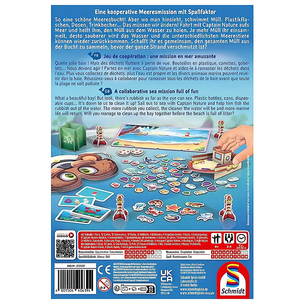 Rückseite der Spieleverpackung mit Spielbrett, Karten, Meeresmotiven und einer Hand, die ein Spielteil hält.