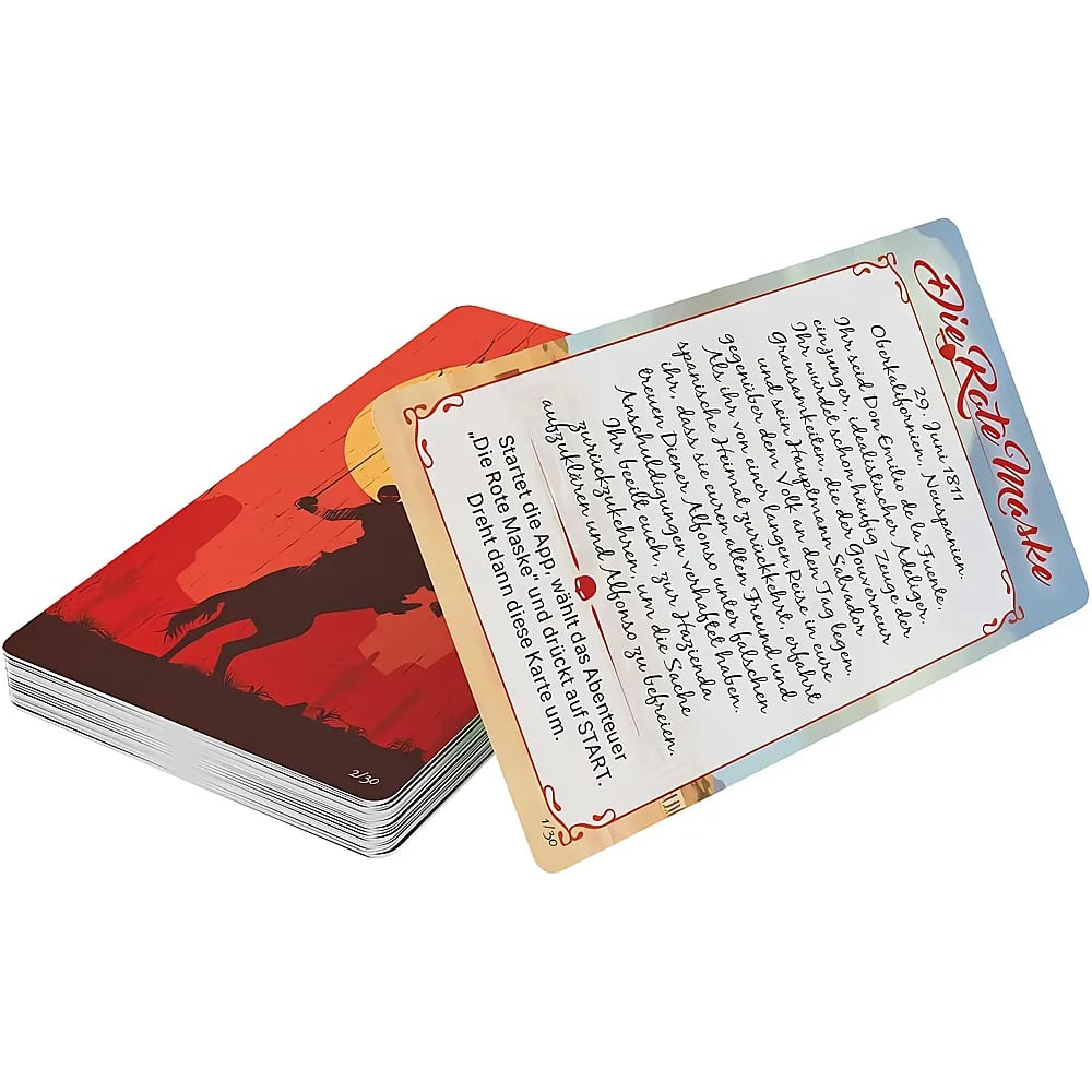 Stapel deutscher Spielkarten mit Text und einer roten Illustration eines Reiters.