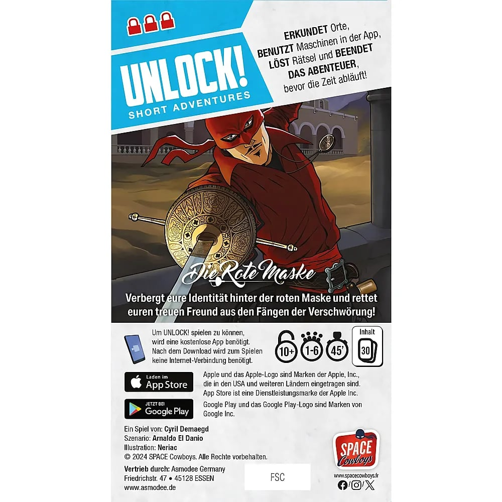 Brettspiel-Cover für UNLOCK! Short Adventures: Die Rote Maske mit einem rot maskierten Mann.