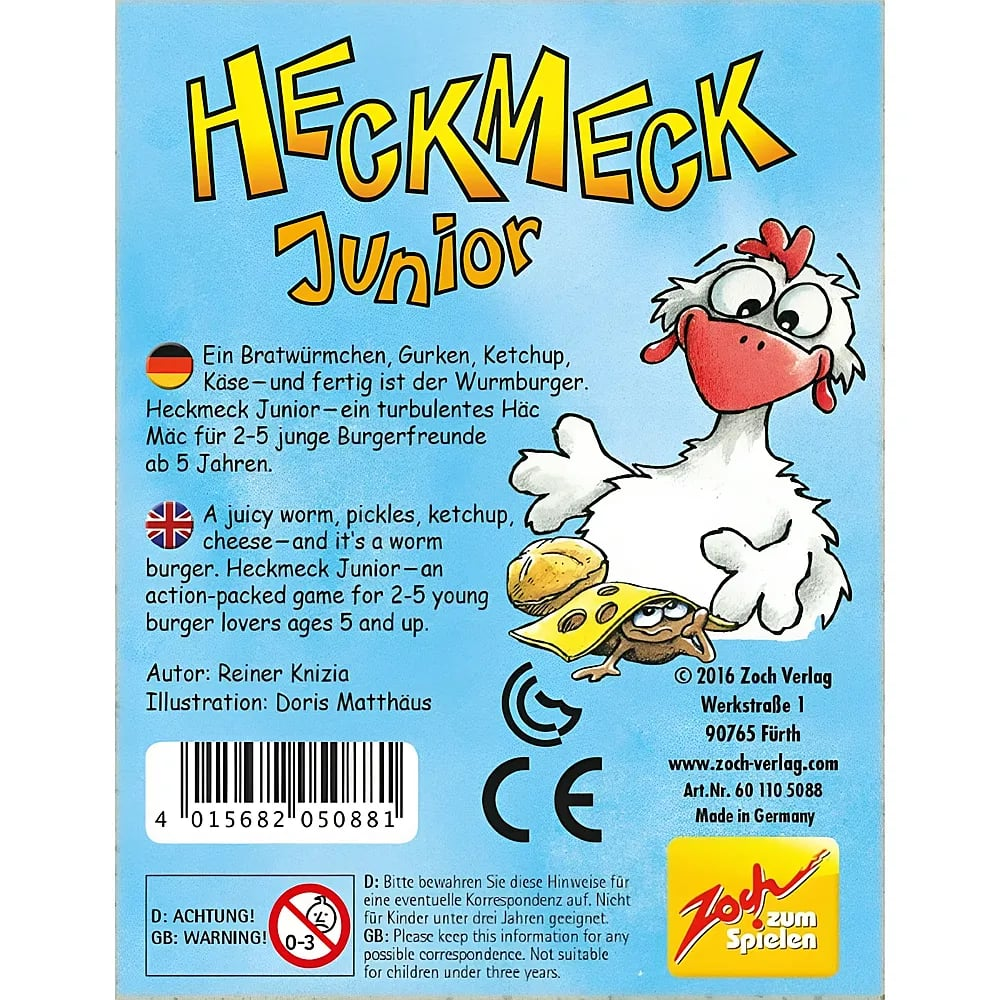 Rückseite der Spieleverpackung von Heckmeck Junior mit Comic-Huhn, Text und Barcode auf blauem Hintergrund.